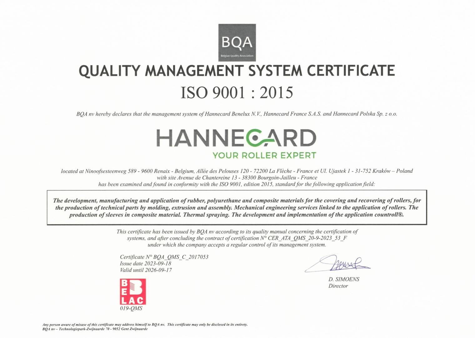 Сертификат Hannecard ISO 9001: 2015
